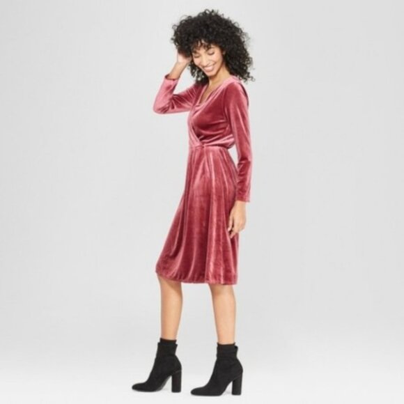 A New Day Berry Burgundy Red Velour Wrap Bodice V Midi Dress XXL NWOT - Picture 2 of 4